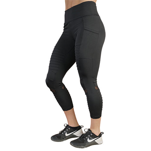 Women Mesh Yoga Pants High Waist 3/4 Length Side Pocket Black