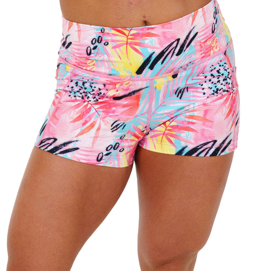 2.5 inch bright colored palm tree leaf patterned shorts