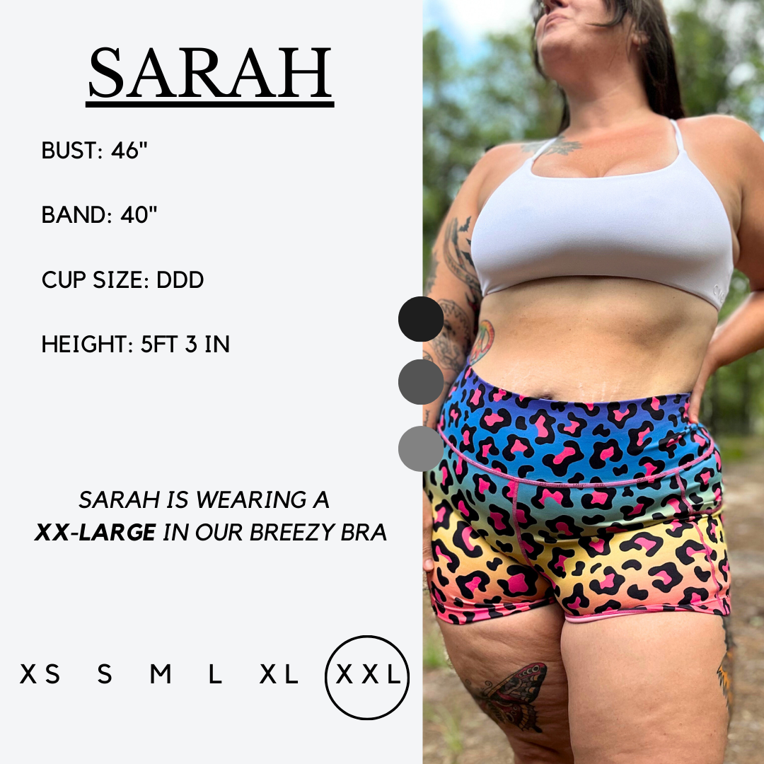 model measurements are 46" bust, 40" band, DDD cup size, 5ft 3in height. Wearing a xx-large in the breezy bra