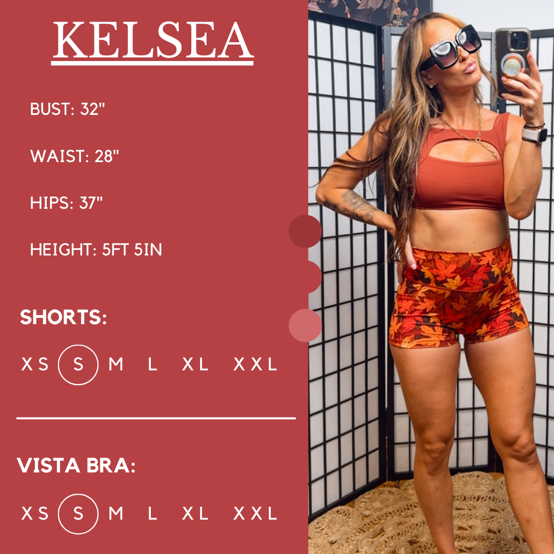 Sizing graphic of model wearing size small shorts and size small vista bra. With the measurements 32" bust, 28" waist, 37" hips, 5ft 5in height.