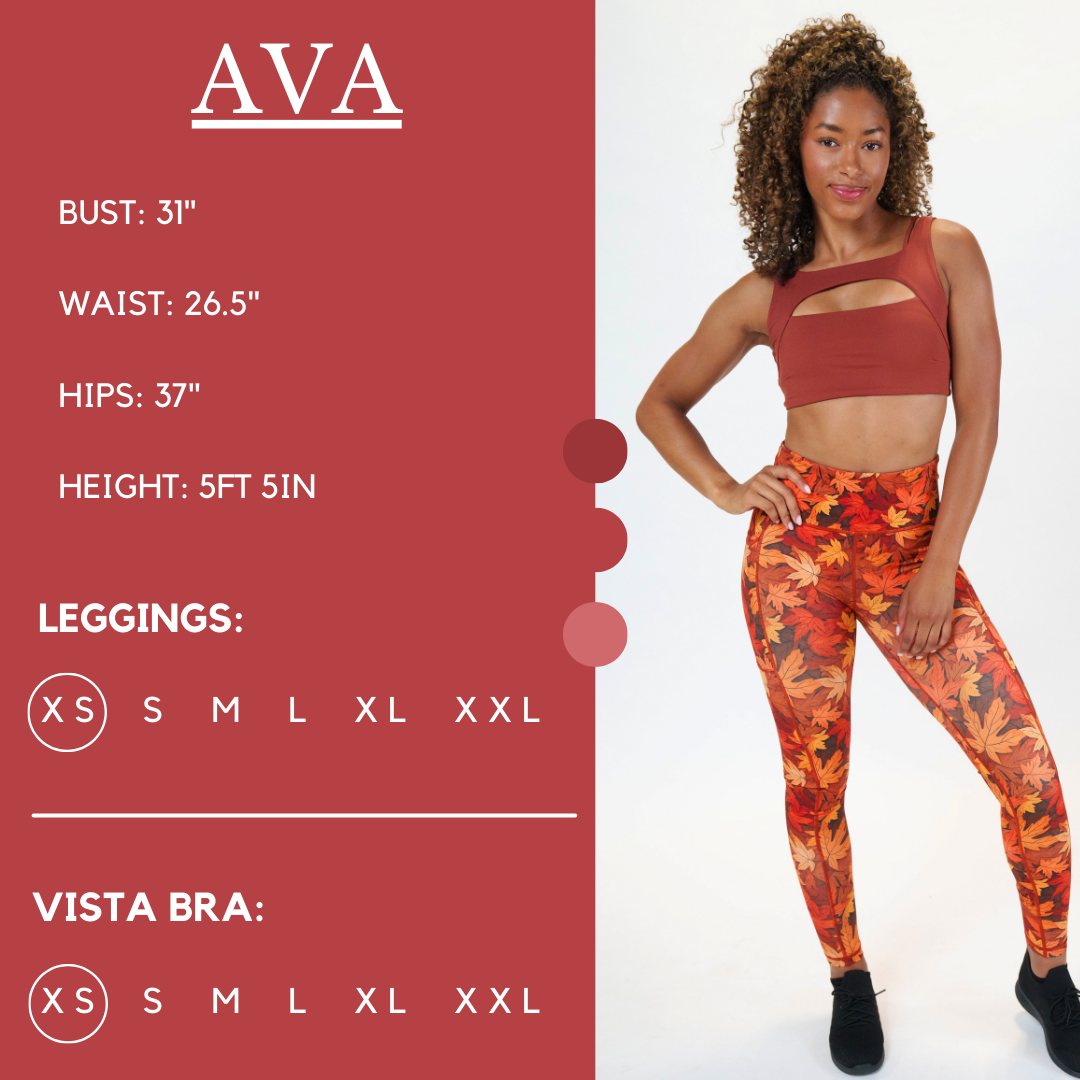 Sizing graphic of model wearing size extra small leggings and size extra small vista bra. With the measurements 31" bust, 26.5" waist, 37" hips, 5ft 5in height.