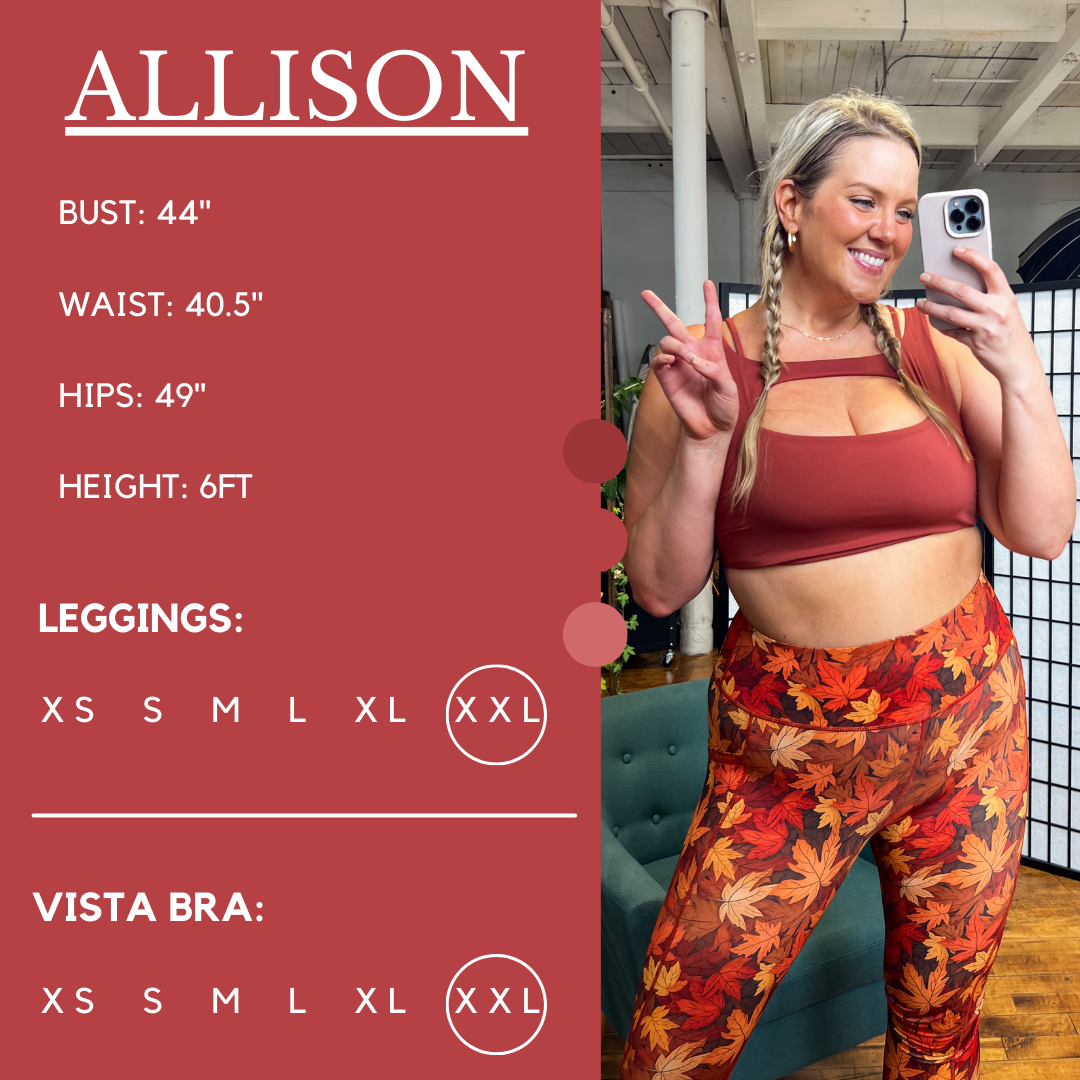 Sizing graphic of model wearing size XXL leggings and size XXL vista bra. With the measurements 44" bust, 40." waist, 49" hips, 6ft height.