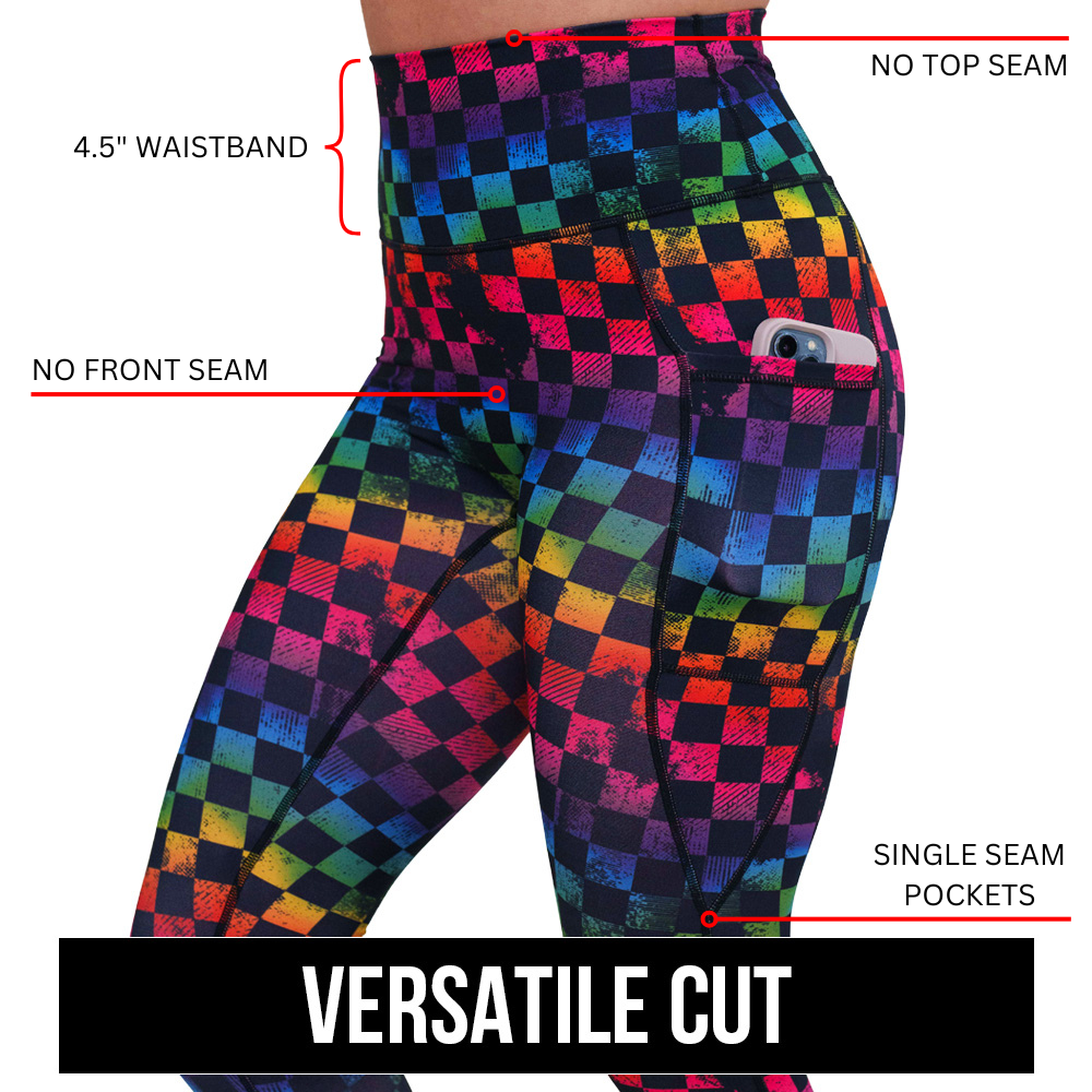 Versatile cut leggings. No top seam, 4.5" waistband, no front seam, single seam pockets.