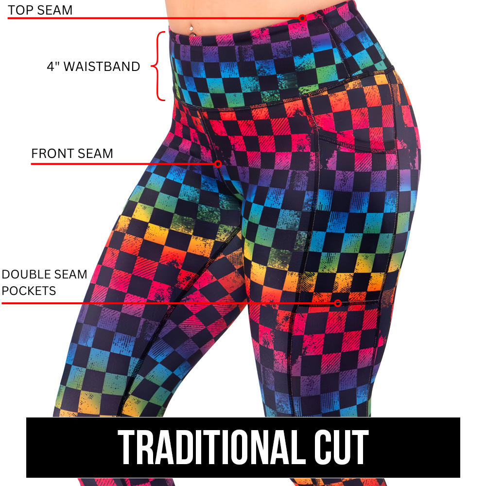 Traditional cut leggings. Top seam, 4" waistband, front seam, double seam pockets.