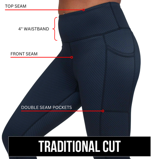 Traditional cut leggings. Top seam, 4" waistband, front seam, double seam pockets.