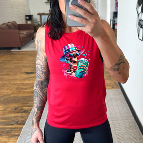 model wearing the red 4th Of July Skeleton Muscle Tank