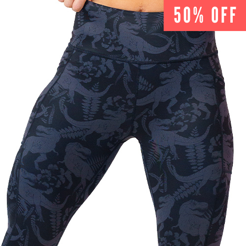 50% off the black leggings with grey dinosaur pattern