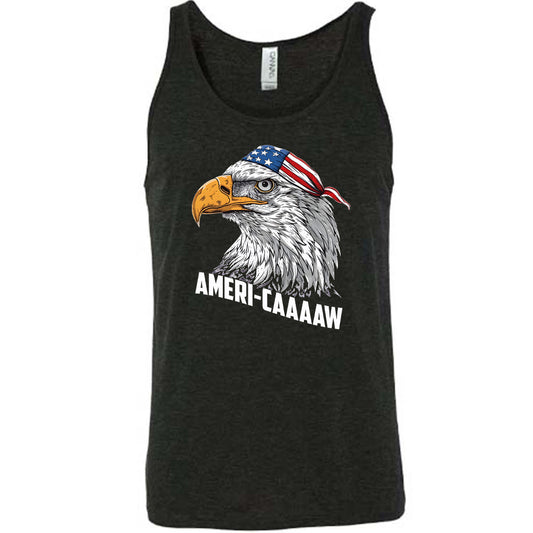 black unisex shirt with a graphic of an eagle on it with the saying "Ameri-caaaaw"