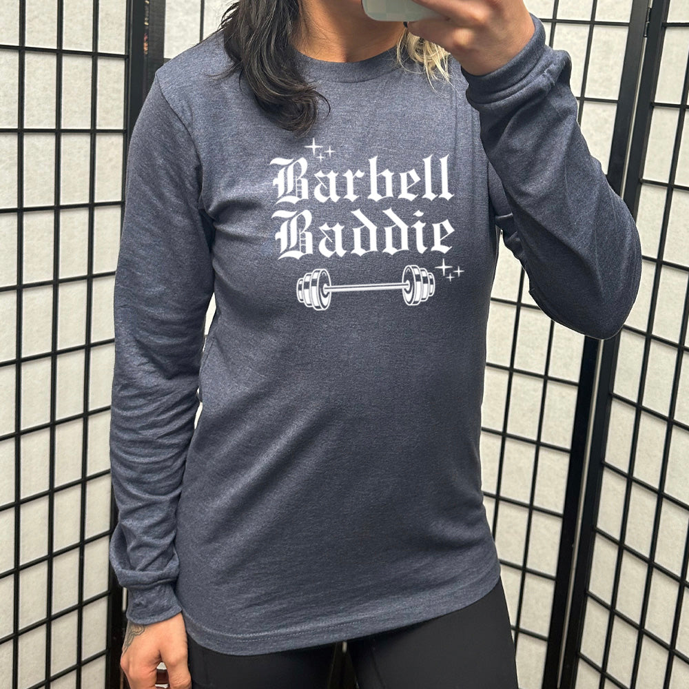 navy blue long sleeve with the text "Barbell Baddie" on it