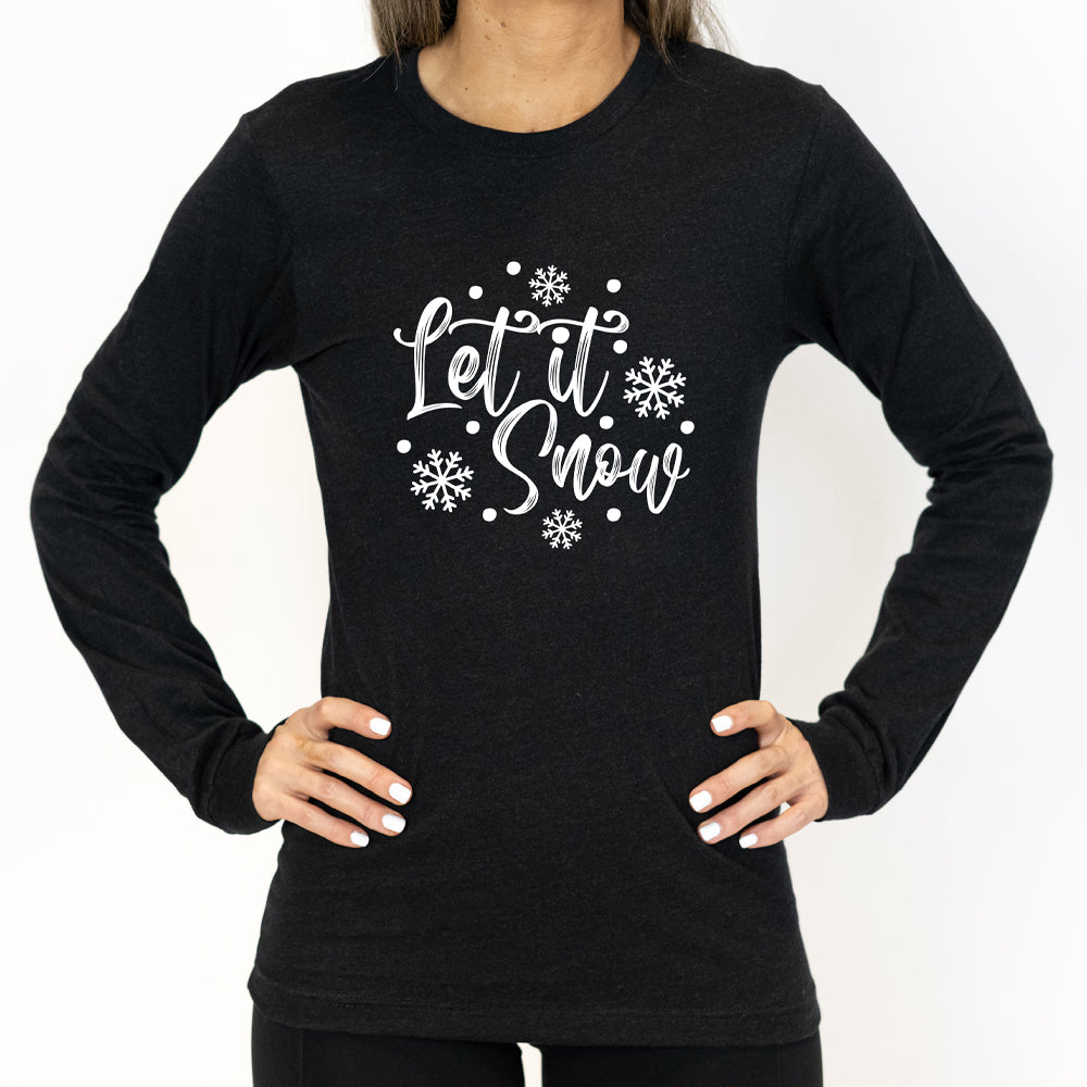 black long sleeve shirt with the text "Let It Snow" on it