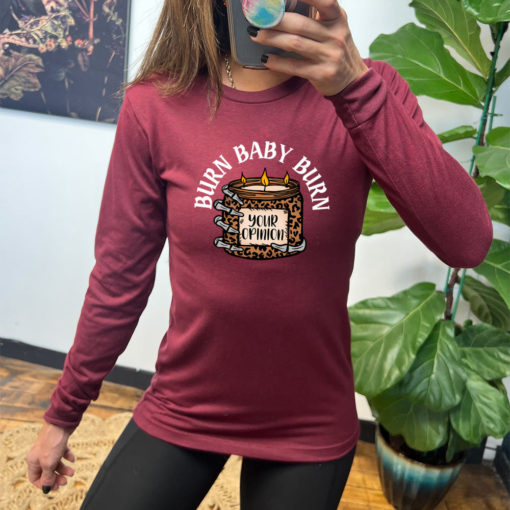 maroon long sleeve tee with the text "Burn Baby Burn" on it