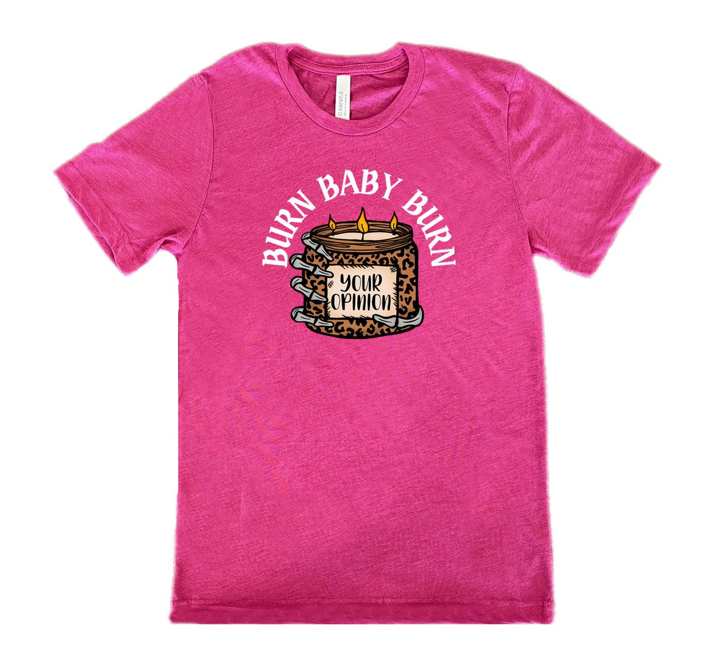 berry shirt with the text "Burn Baby Burn" on it