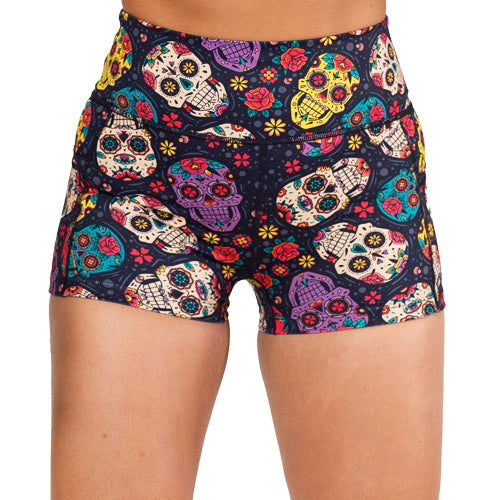 Close up of 2.5" sugar skull shorts