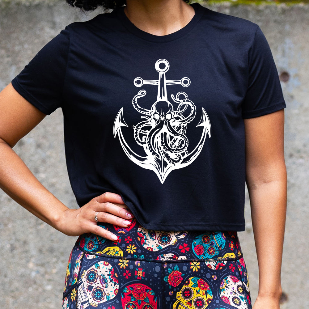 black cropped tee with an Octopus Anchor graphic on it