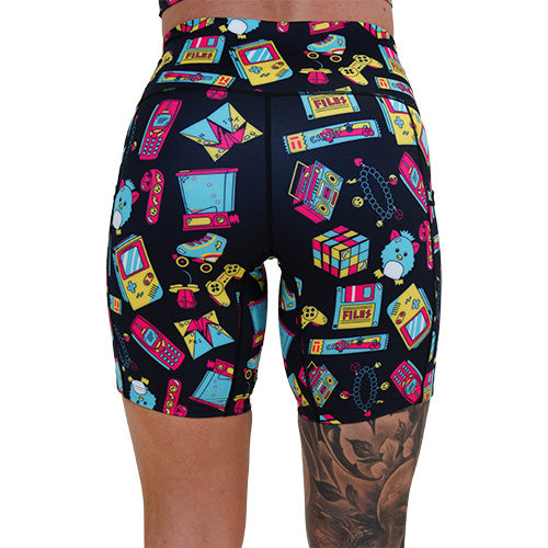 back of the 7 inch 90s themed shorts