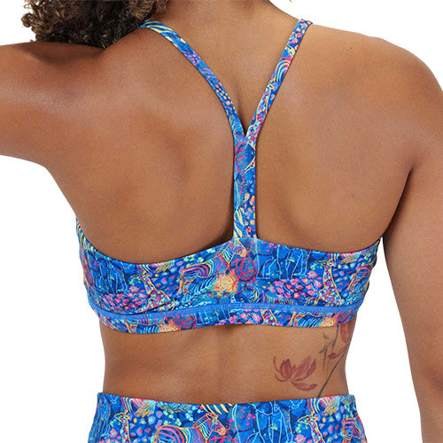 back of the colorful animal themed sports bra