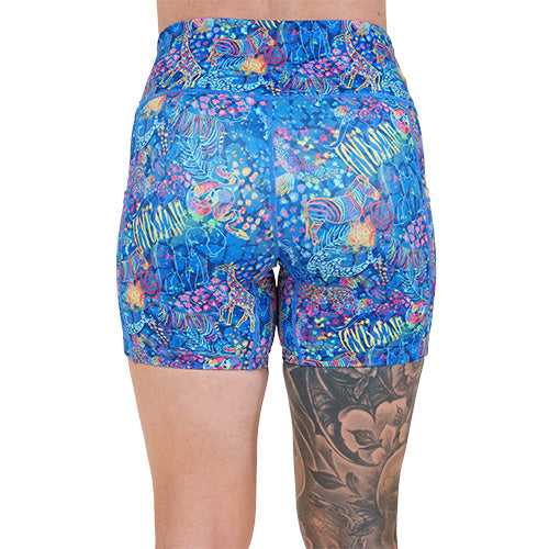 back of the 5 inch colorful animal themed shorts