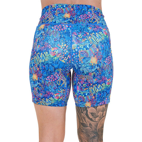 back of the 7 inch colorful animal themed shorts