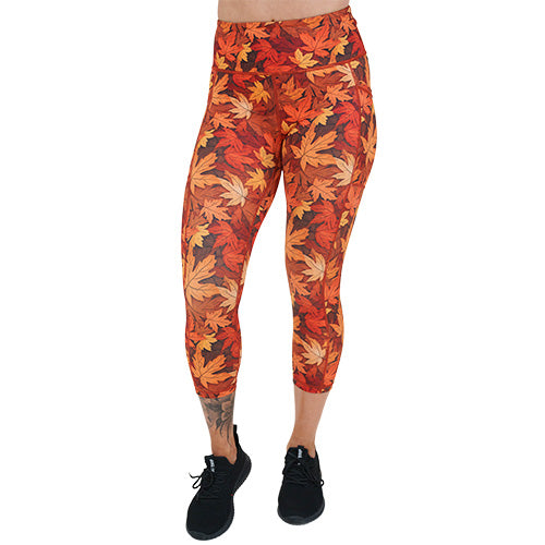 capri length fall leaves patterned leggings