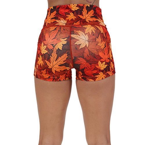 back of the 2.5 inch fall leaves patterned shorts