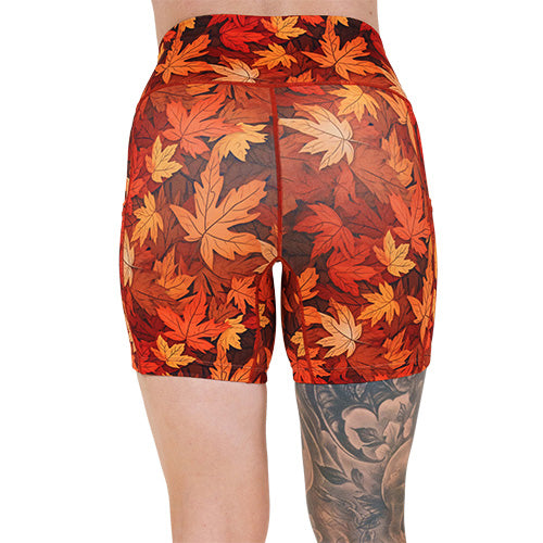 back of the 5 inch fall leaves patterned shorts