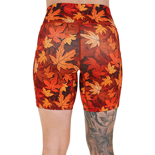 back of the 7 inch fall leaves patterned shorts