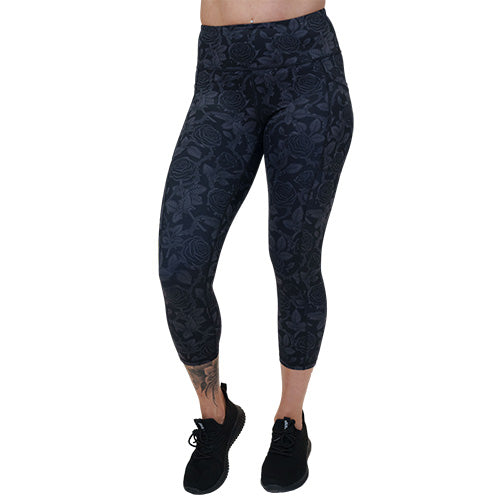 capri length black and grey rose patterned leggings