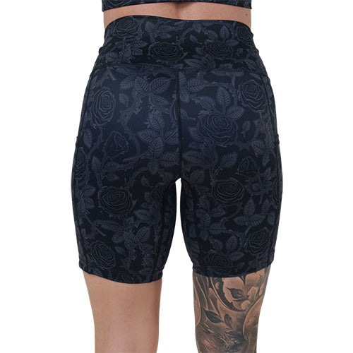 back of 7 inch black and grey rose patterned shorts