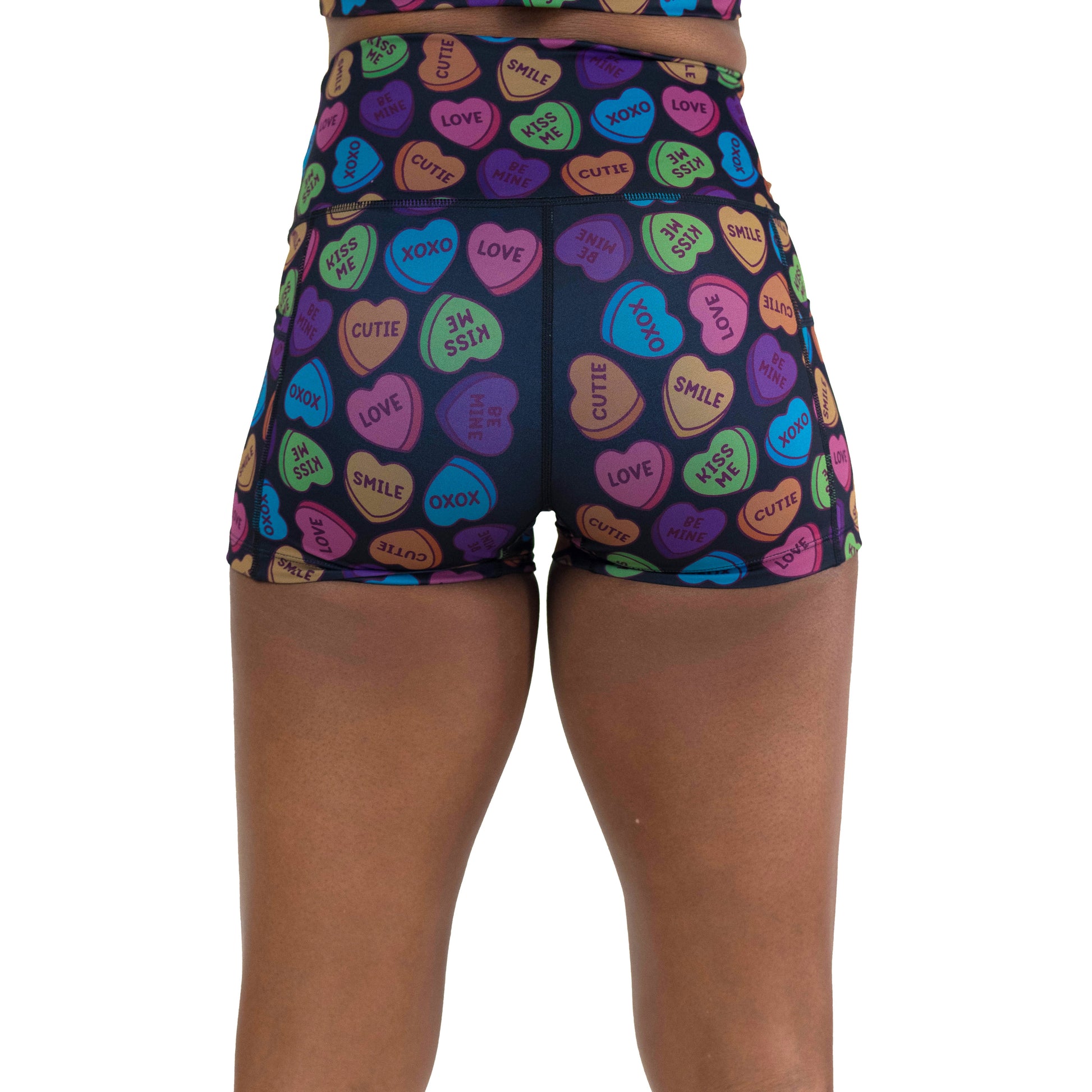 back of the 2.5 inch valentine heart candy print shorts