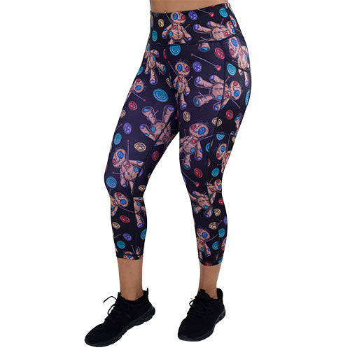 capri length black voodoo doll patterned leggings