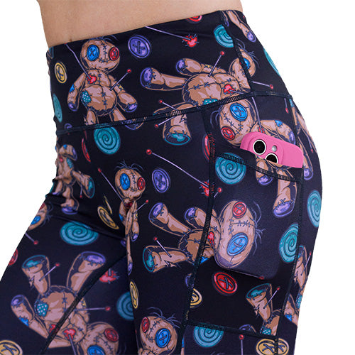 side pocket on the black voodoo doll patterned leggings