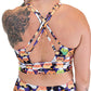 back of the halloween candy corn patterned sports bra