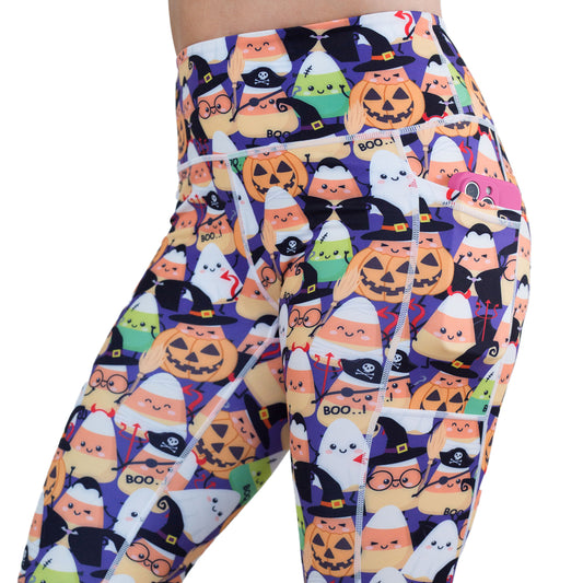 side pocket on the halloween candy corn patterned leggings