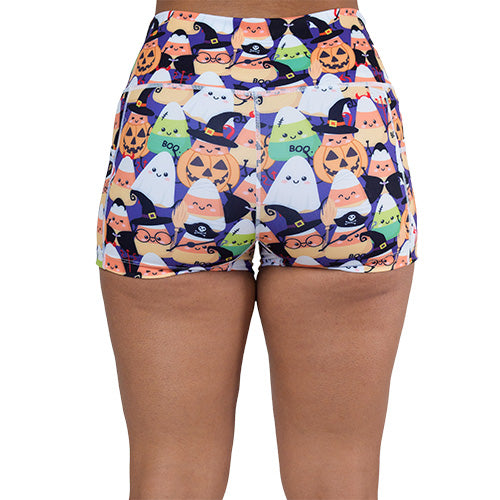 back of the 2.5 inch halloween candy corn patterned shorts