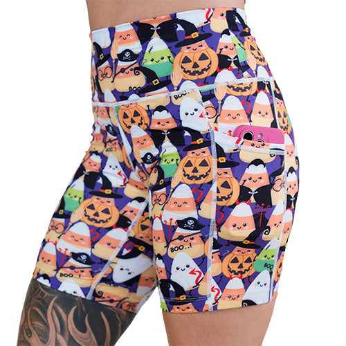 side pocket on the halloween candy corn patterned shorts