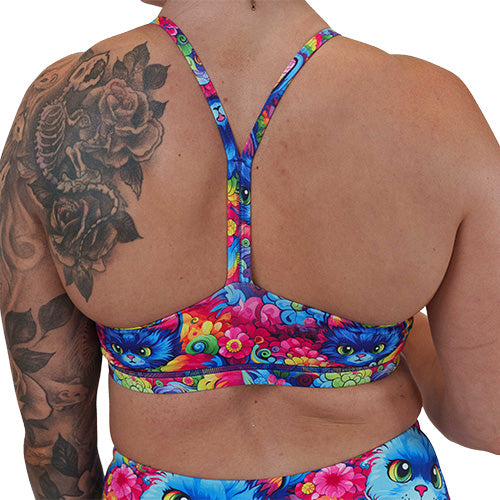 back of the cat patterned sports bra