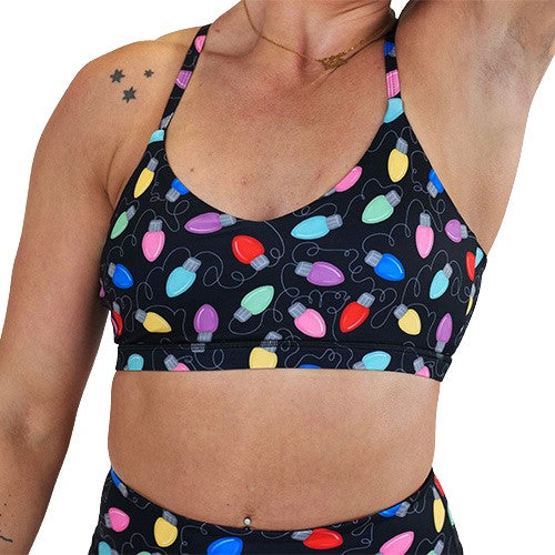 Christmas lights patterned sports bra