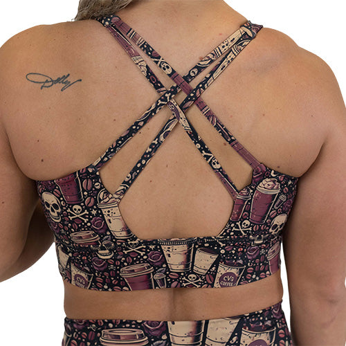 back of the coffee and skull print sports bra