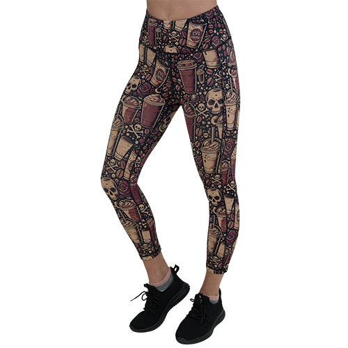 capri length coffee and skull print leggings