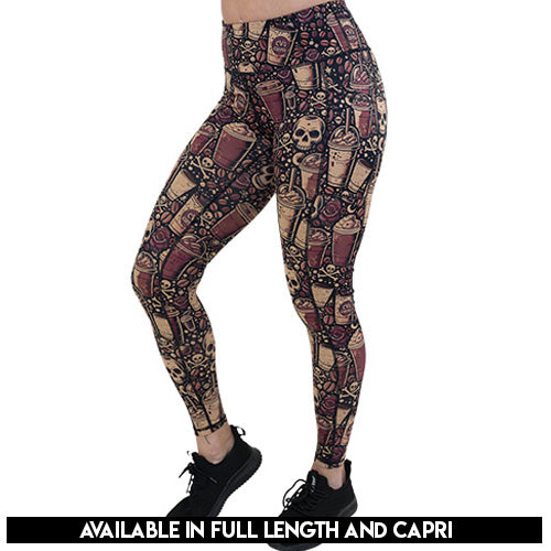 coffee and skull print leggings available in full and capri length