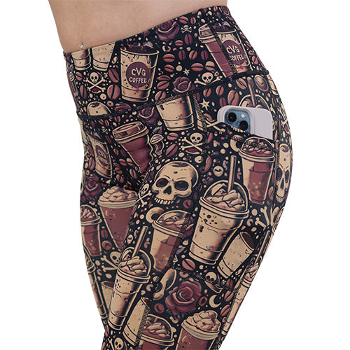 side pocket on the coffee and skull print leggings