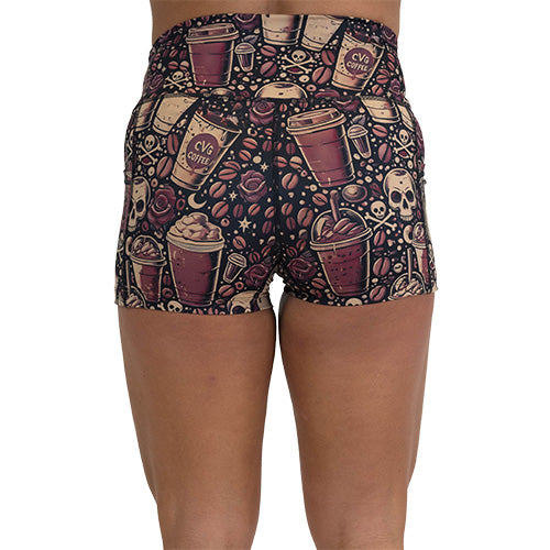 back of the coffee and skull print shorts