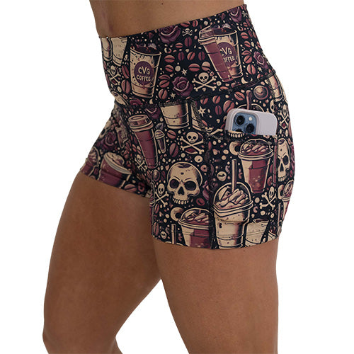 side pocket on the coffee and skull print shorts