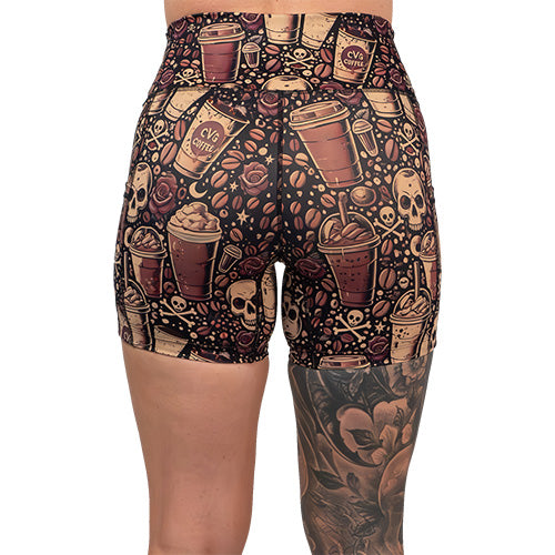 back of the coffee and skull print shorts