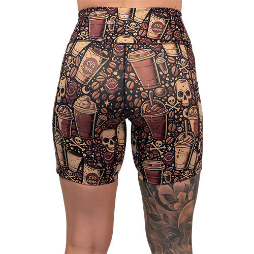 back of the coffee and skull print shorts