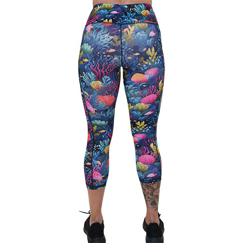 back of capri length coral reef patterned leggings