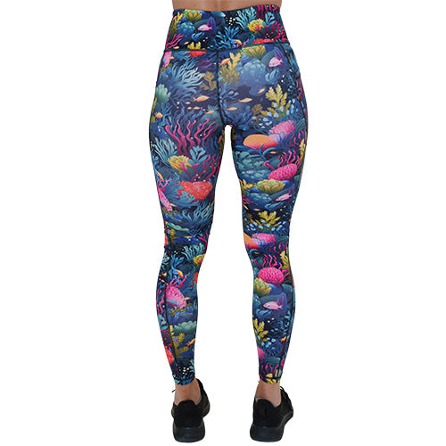 back of full length coral reef patterned leggings