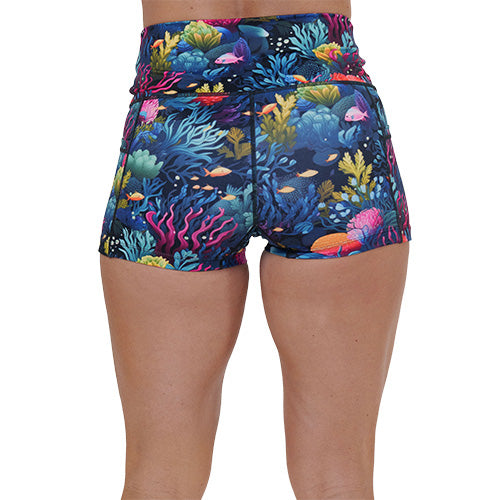 back of 2.5 inch coral reef patterned shorts