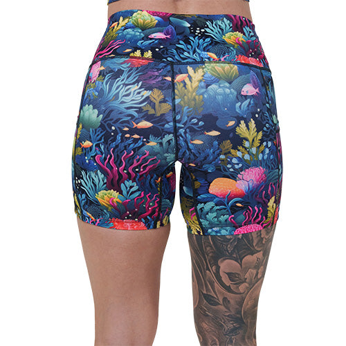 back of 5 inch coral reef patterned shorts