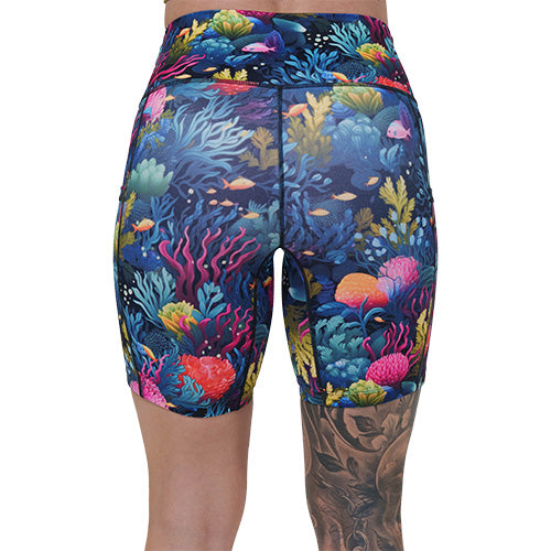 back of 7 inch coral reef patterned shorts